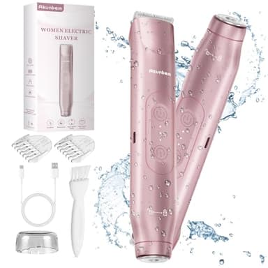 Akunbem 2 in 1 Women Electric Shaver Dual Head Bikini Trimmer for Women IPX7 Waterproof Wet & Dry Use Body Hair Trimmer and Facial Hair Remover for Bikini Underarm Leg Arm Body Face, Pink - Image 1