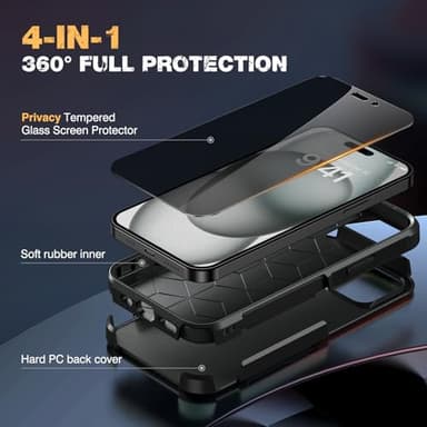 Diaclara Designed for iPhone 15 Case, [with Privacy Screen Protector] [Anti Spy] [Military Grade Drop Protection] Heavy Duty Full-Body Shockproof Phone Case, Black - Image 2