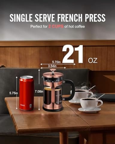 BAYKA 21 Ounce 0.6 Liter French Press Coffee Tea Maker Small, Heat Resistant Thickened Borosilicate Glass Stainless Steel Single Serve Brewer, Cold Brew Percolators, Cafetera Teapot, Copper - Image 3