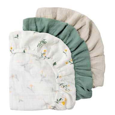 Gllquen Baby Muslin Bassinet Sheets 3 Pack, Breathable Elastic Cozy Fitted Cotton Bassinet Mattress Sheet for Baby Boy Girls, Fit for Hourglass Oval Rectangular Cradle Pad Sheets 33"x17" (Green) - Image 8