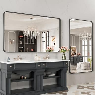 LOAAO 48X28 Inch Black Metal Framed Bathroom Mirror for Wall, Matte Black Bathroom Vanity Mirror Farmhouse, Anti-Rust, Tempered Glass, Hangs Horizontally or Vertically - Image 4