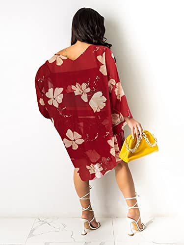 KEYUFANG Women 3 Piece Vocation Outfits Summer Suit Floral Kimono Cardigans Beach Cover Up Crop Cami Top Short Set Red - Image 2
