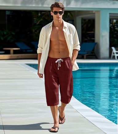 MAGNIVIT Men's 3/4 Pants Breathable Summer Beach Shorts Linen Pants with Pockets Red 40 - Image 2