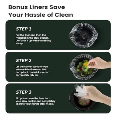 KOOC Small Slow Cooker, 2-Quart, Free Liners Included for Easy Clean-up, Upgraded Ceramic Pot, Adjustable Temp, Nutrient Loss Reduction, Stainless Steel, Black, Round… - Image 2