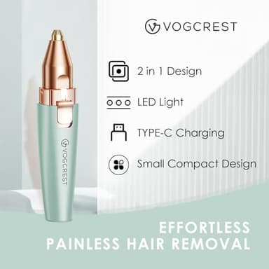 VG VOGCREST Eyebrow Facial Trimmer: 2 in1 Rechargeable Facial Hair Removal and Eyebrow Shaver - Face Lips Body Painless Facial Razor with Built-in LED Light (Pastel Green) - Image 2