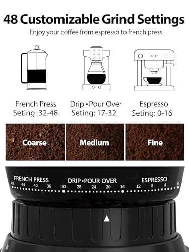 Aromaster Coffee Bean Grinder with 48 Gind Settings, Conical Burr Coffee Grinder for Home Use,Stainless Steel,40 Seconds Adjustable Timer,Anti-static,Easy to Clean with Brush - Image 2