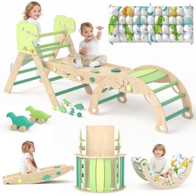 KidsBuddy Pikler Triangle Set with Cushion 9 in 1 Climbing Toys for Toddlers 1-3 Indoor Baby Climbing Gym Toddler Montessori Toys Wooden Toy with Maze Toy, Shape Sorter, Dinosaur Car - Image 1