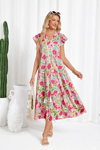 Women's Spring Floral Tiered Long Midi Dresses Short Sleeve Boho Beach Ruffle Floral Dress for Women Flowy Swing Maxi Dress - Image 4