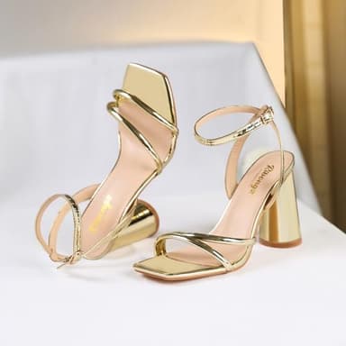 RIBONGZ Gold Prom Heels for Women Strappy Block High Heels Square Open Toe Ankle Strap Chunky Heeled Sandals Wedding Bridal Shoes High Heel Sandals for Party Dress 9 - Image 4