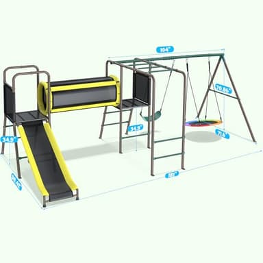 Hapfan 660lbs Swing Set with Slide,Crawl Tunnel and Monkey Bars for Backyard,5 in 1 Metal Swingset Outdoor for Kids Aged 3-12 - Image 2