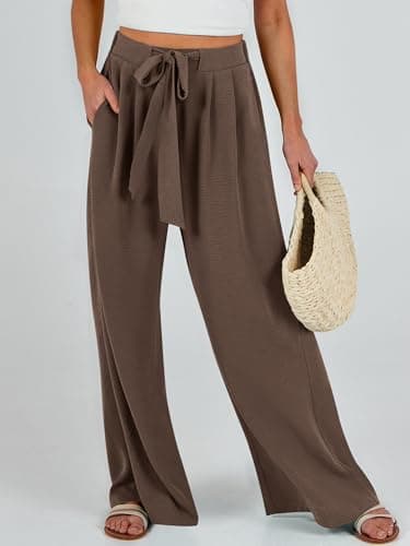 Caracilia Women Wide Leg Palazzo Pants Summer High Waist Flowy Casual Trousers Loose Lounge Beach Travel Vacation Clothes Brown Large - Image 3