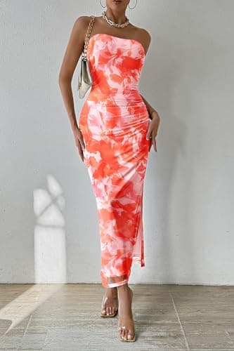 PRETTYGARDEN Women's Summer Maxi Bodycon Dresses Strapless Tube Top Printed Long Party Club Slit Dress (Print Light Orange,Medium) - Image 4