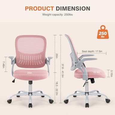 Sweetcrispy Home Office Computer Desk Chair, Ergonomic Mid-Back Mesh Rolling Work Swivel Task Chairs with Wheels, Comfortable Lumbar Support, Comfy Flip-up Arms for Bedroom, Study, Student, Pink - Image 2