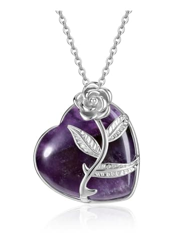 CrystalTears Amethyst Crystal Heart Necklace for Women Healing Crystals Heart Gemstone Pendant Rose Flower Wrapped Quartz Crystal Heart Stone Necklace Crystal Gift for Mom Women Mothers Day - Image 1