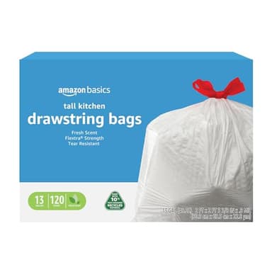 Amazon Basics 13 Gallon Flextra Strength Tall Kitchen Drawstring Trash Bags, Clean Fresh Scnet, Tear Resistant, 10% Post Consumer Recycled, 120 Count - Image 1