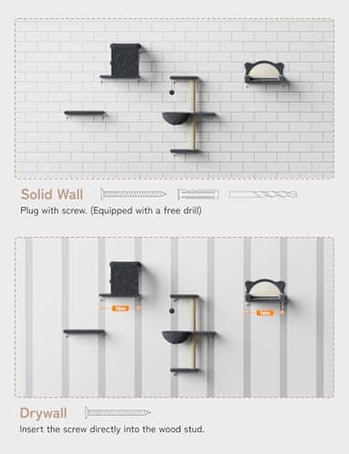 PLEKER Cat Wall Shelves 5-in-1 Modern Climbing Wall Furniture Set for Cats with Scratching Posts, Cat Bed & Sofa, Space-Saving Perch for 16" Drywall, Gray - Image 7