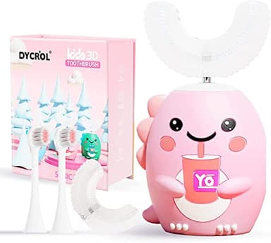 Kids U Shaped Electric Toothbrush with 4 Brush Heads, Sonic Toothbrush Kids with 5 Modes, Cartoon Dinosaur 360-Degree Cleaning IPX7 Waterproof Design (6-12 Age (Pink)) - Image 1