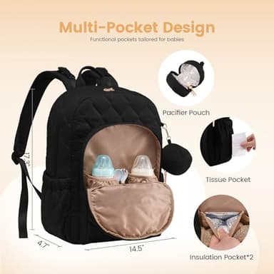 LOVEVOOK Diaper Bag Backpack,Puffer Quilted Baby Diaper Bag with Insulated Pockets,Travel Diaper Backpack for Boys Girls with Changing Pad,Water-Resistant Baby Bag for Mom Dad,Black - Image 6