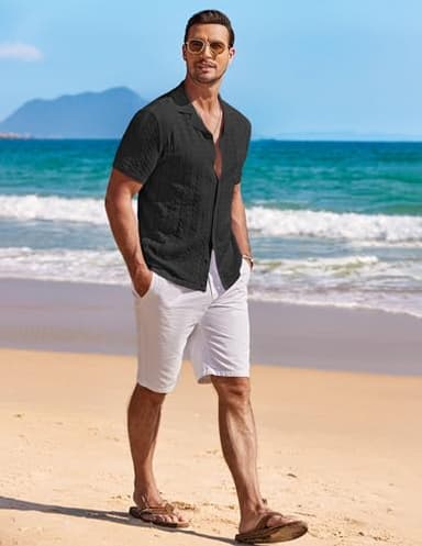 COOFANDY Men's Knit Button Down Shirt Vintage Short Sleeve Polo Shirts Casual Beach Shirts Top Black - Image 8