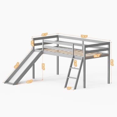 TOLEAD Low Loft Bed with Slide, Wood Twin Loft Bed Frame with Climbing Ladder & Storage Space for Kids Toddler (Grey) - Image 2