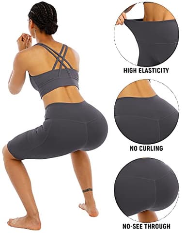 WHOUARE 4 Pack Biker Yoga Shorts with Pockets for Women,High Waisted Athletic Running Workout Gym Shorts Tummy Control,Black,Dark Gray,Light Gray,Burgundy,XXL - Image 4