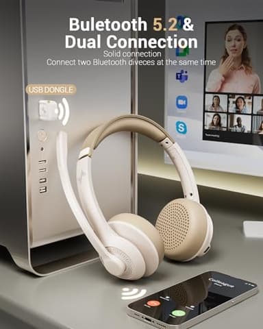 JIAMQISHI Wireless Headset with AI Noise Cancelling Microphone Bluetooth Headset - Bluetooth V5.2 Headphones with USB Dongle & Mic Mute for Computer/Laptop/PC/iPhone/Android/Cell Phones (White) - Image 2