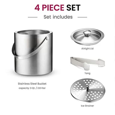 FineDine Double-Wall Stainless Steel Insulated Ice Bucket with Lid & Ice Tong [3 Liter] Included Strainer Keeps Ice Cold & Dry, Carry Leather Handle, Home Bar, Chilling Beer, Champagne, Wine Bottle - Image 6