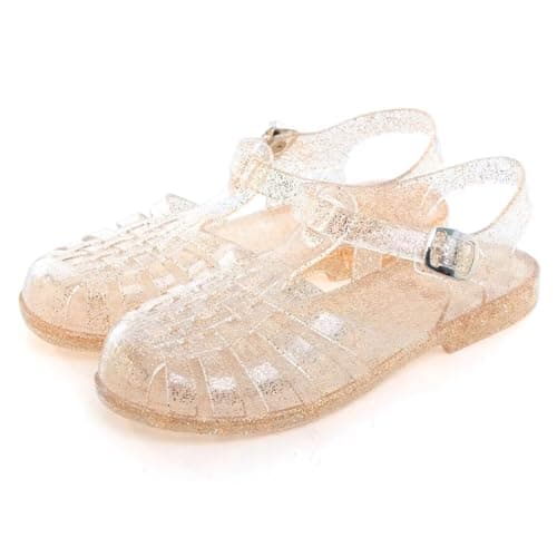 LUXINYU Women Jelly Sandal Adjustable Buckle T-Strap Round Toe Slingback Bling Flats Summer Fisherman's Sandal Glitter Rain Shoes,Khaki 5.5 - Image 1