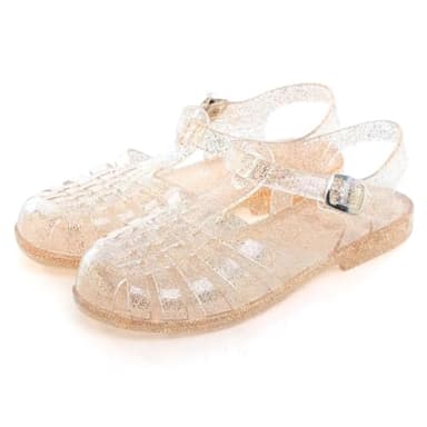 LUXINYU Women Jelly Sandal Adjustable Buckle T-Strap Round Toe Slingback Bling Flats Summer Fisherman's Sandal Glitter Rain Shoes,Khaki 5.5 - Image 1