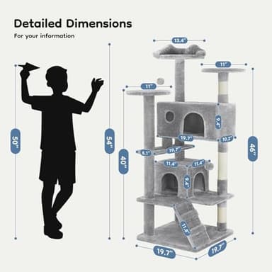 DUMOS 54-inch Indoor Cat Tree Tower –Multi-Level Pet House for Large Cats with 2 Condos, Scratching Posts, Round Platform, Small Ladder, and Toys, Light Grey - Image 2