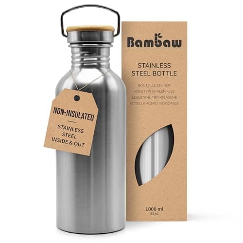 Bambaw Stainless Steel Water Bottles 32 oz, Non-insulated Single Wall Metal Water Bottle Stainless Steel, Reusable & Eco Friendly, Dishwasher Safe – Silver - Image 1