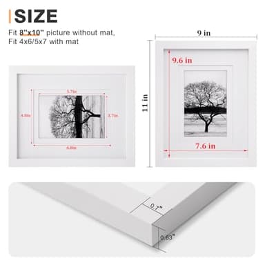 Egofine 8x10 Picture Frames Set of 4, Made of Solid Wood Covered by Plexiglass 4x6 and 5x7 with Mat or 8x10 without Mat, for Table Top Display and Wall Mounting Photo Frame White - Image 3