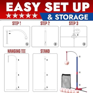 3-in-1 Baseball Set for Kids and Toddlers Ages 3-5 – Includes Tee Ball Stand, Hanging Tee, Automatic Ball Launcher, and 6 Softballs – Adjustable Height for Indoor/Outdoor Play – Sports Gift for Boys - Image 6