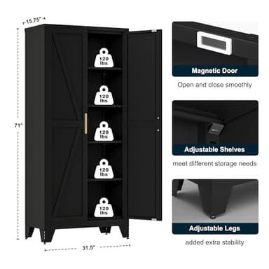 71" Tall Metal Storage Cabinet with 2 Doors and 4 Adjustable Shelves, 5-Tier Kitchen Pantry Storage Cabinet for Kitchen, Living Room, Dining Room and Office, Black - Image 3