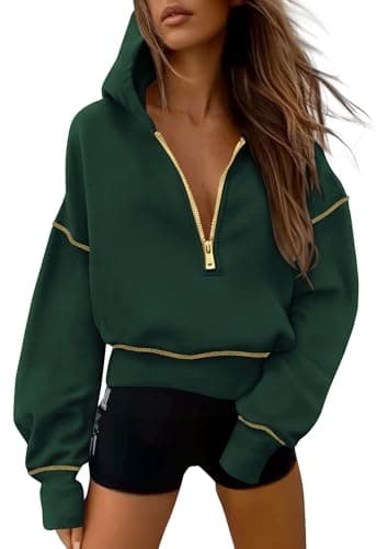 PRETTYGARDEN Women's 2025 Fall Hooded Sweatshirts Long Sleeve Half Zip Cropped Hoodies Pullover Winter Fashion Clothes (Dark Green,X-Large) - Image 1