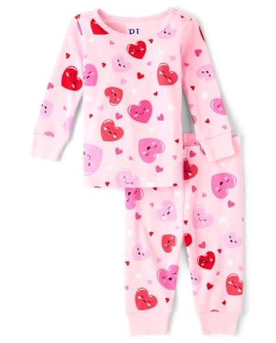 The Children's Place,Baby Girls,and Toddler Long Sleeve Top and Pants Snug Fit 100% Cotton 2 Piece Pajama Set,Vday Hearts,0 Months,3 Months