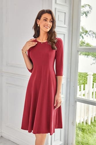 GRACE KARIN Midi Dresses for Women 2025 Casual 3/4 Sleeve Dress A Line Fit and Flare Fall Dresses Dark Red L - Image 2