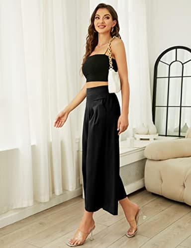 Hooever Women's Cotton Linen Culottes Pants Elastic Waist Wide Leg Palazzo Trousers Capri Pant (Black-XL) - Image 3