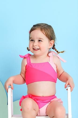 YOUNGER TREE Toddler Girls Two Pieces Swimsuit Color Block Stripe Swimwear Summer Beach Bathing Suit (Pink 3-4T) - Image 2