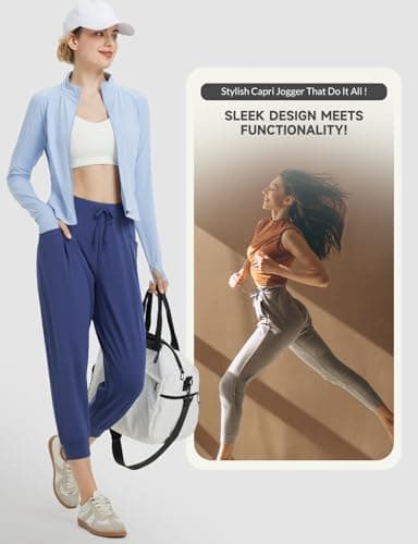 BALEAF Women's Petite Joggers Capri Sweatpants Drawstring Track Pants Travel Lounge Cropped Pants with Pockets Navy Blue M - Image 5