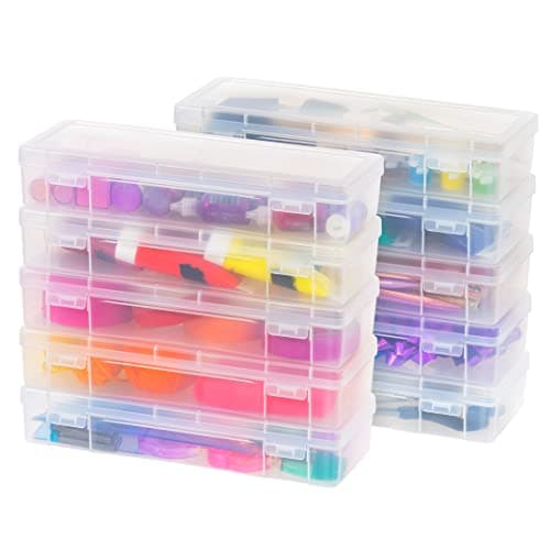 IRIS USA Pencil Case Plastic Pouch Box Storage Organizer for Beads, Pens, and Art Supplies, 10-Pack, Stackable Container with Snap Lid for Jewelry, Stickers, and Tackle Box, Clear, Large - Image 1
