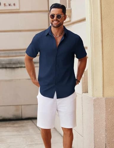 COOFANDY Mens Pure Cotton Shirt Short Sleeve Casual Button Down Shirt Summer Shirt Navy Blue - Image 2