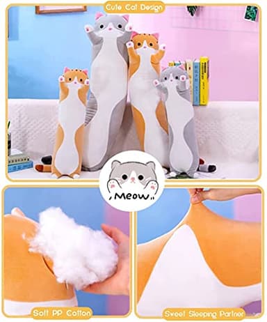 Cute Cat Plush Long Body Pillow Cuddle Cartoon Stuffed Animals Cat Plushie Soft Doll Pillows Gifts for Kids Girls (Gray, 51 Inches), 1 Count (Pack of 1) - Image 3