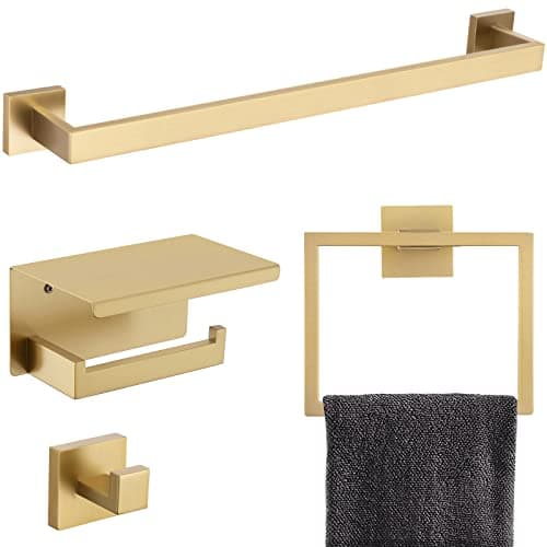 Brushed Gold Bathroom Towel Bar Holder Sets Premium Stainless Steel 4-Piece Bathroom Hardware Set Wall Mounted Bathroom Toilet Paper Holder with Shelf Set. - Image 1