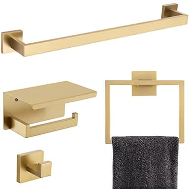 Brushed Gold Bathroom Towel Bar Holder Sets Premium Stainless Steel 4-Piece Bathroom Hardware Set Wall Mounted Bathroom Toilet Paper Holder with Shelf Set. - Image 1