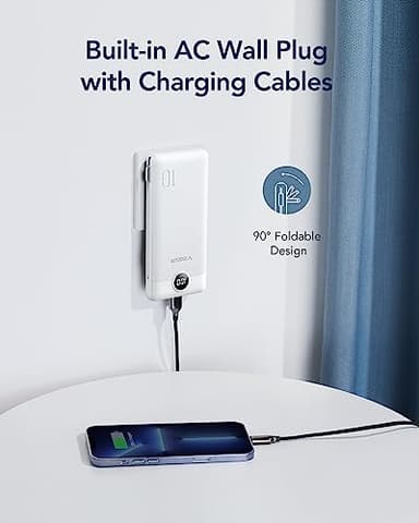 VEGER Portable Charger with Built-in AC Plug and Cables, All in One 10000mAh Ultra Slim Power Bank Travel Essentials, 15W Fast Charging Battery Pack Compatible with iPhone, Samsung, Android (White) - Image 3