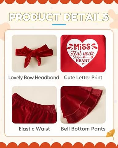 NZRVAWS 18-24 Months Toddler Baby Girl Clothes Infant Long Sleeve Letter Print Sweatshirt Bell Bottom Pant Outfit Fall Winter Red Set - Image 5