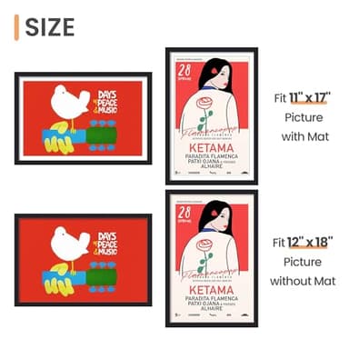 upsimples 12x18 Picture Frame, Display Pictures 11x17 with Mat or 12 x 18 Without, Wall Hanging Poster Frames, Black, 1 Pack - Image 3