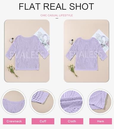 EVALESS Summer Sweaters for Women Spring Outfits Fashion 2025 Knitted Tops 3/4 Short Sleeve Sweater Off Shoulder Blouses Dressy Casual Resort Wear Holiday Purple Shirts, Large - Image 6
