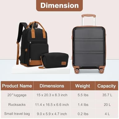 Kono Luggage Set 3 Piece Carry On Hardside Luggage with TSA Lock Spinner Wheels Carry On Suitcase Apricot Black - Image 5